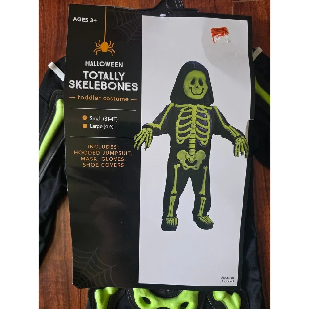 Halloween Totally Skelebones Toddler Costume Small 3T-4T Black Neon Green 4pc